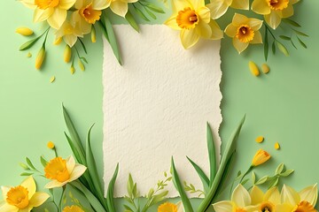 Happy St. David’s day greeting card with daffodils, floral border and welsh national day spring flowers