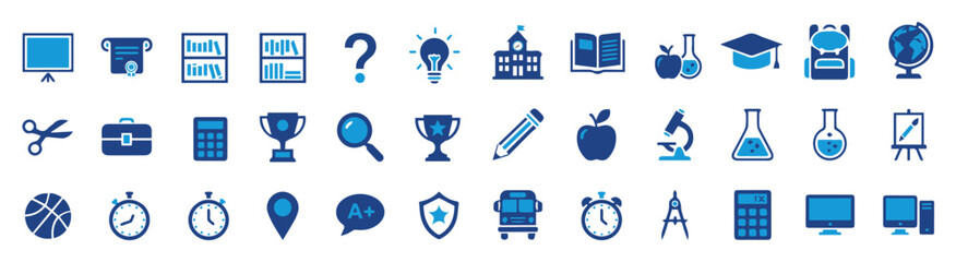 Complete Education Icon Set Featuring School, College, University, Books, Science, Learning Tools, Academic Symbols, Online Study, Classroom Objects and Knowledge Elements for Website, App and UI Desi