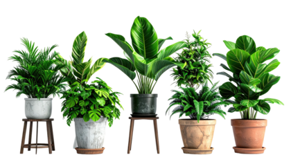 Assortment of five lush indoor plants in decorative pots on wooden stands, against a black backdrop