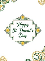 Happy St. David&rsquo;s day greeting card with daffodils, floral border and welsh national day spring flowers