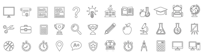 Complete Education Icon Set Featuring School, College, University, Books, Science, Learning Tools, Academic Symbols, Online Study, Classroom Objects and Knowledge Elements for Website, App and UI Desi