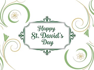 Happy St. David’s day greeting card with daffodils, floral border and welsh national day spring flowers
