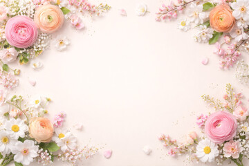 Soft pastel floral background with delicate spring flowers arranged around the edges on a light beige surface. Empty central space for text, invitations, cards, posters, and wedding designs.