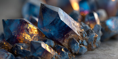 Blue quartz crystal refraction in intense sunlight, natural mineral properties and light dispersion effects