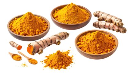 Assortment of fresh turmeric roots, powder in wooden bowls, and spoons against a black background