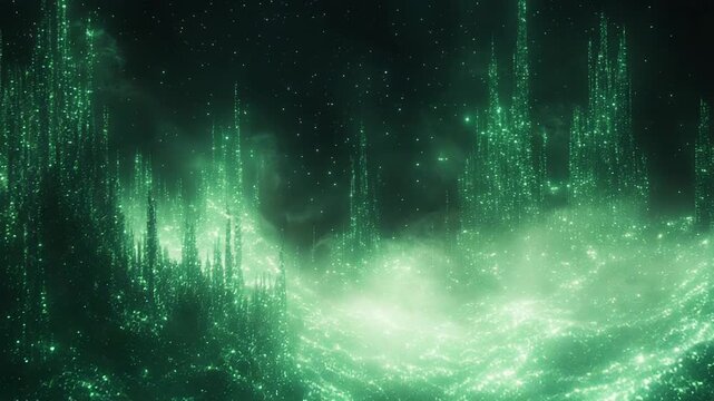 Abstract fantasy rendering showing a deep green cosmic landscape with tall, glowing structures creating a city like silhouette, illuminated by sparkling light particles and ethereal mist