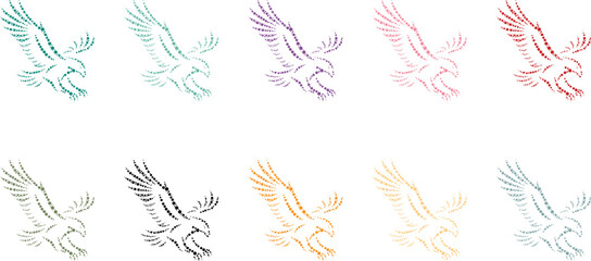 Fototapeta premium Colorful dot art eagles flying on white, Mosaic eagle flight silhouette collection