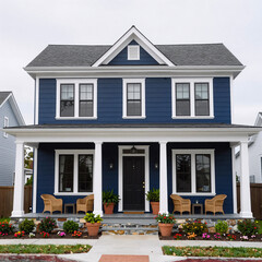 Two-story home with navy blue exterior, white trim, stone foundation & a covered porch showcases classic architecture