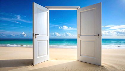 Open white doors reveal beach and blue ocean, under bright sunny sky