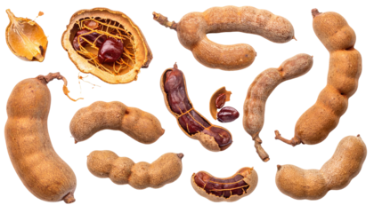 Assortment of tamarind fruits, whole and sliced, showcasing texture and seeds against black