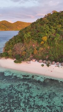 Top notch aerial view of Linapacan Tourists Camp, in New Culaylayan Island, Philippines