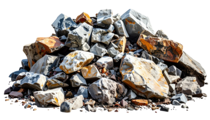 A jagged pile of fractured stones, varying in size and color, rests against a transparent backdrop, revealing their rough textures