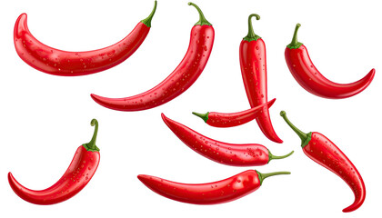 Assortment of vibrant, glistening red chili peppers set against a solid black backdrop