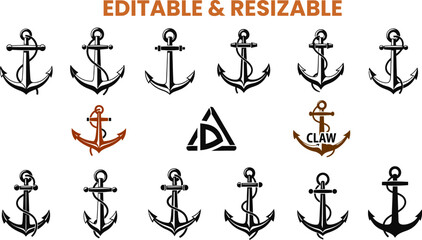 Set of editable and resizable anchor illustrations with text design elements for maritime branding and nautical themes