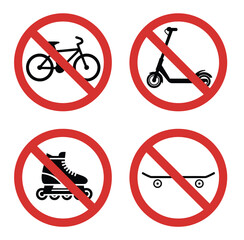 No bikes skates scooters and skateboards allowed sign, prohibition symbol vector illustration isolated on transparent background for public areas, safety rules, parks,  © Vector Gallery