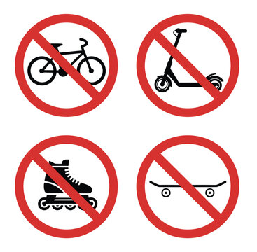 No bikes skates scooters and skateboards allowed sign, prohibition symbol vector illustration isolated on transparent background for public areas, safety rules, parks, 