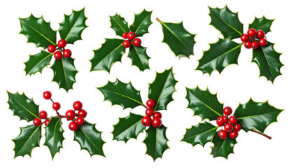 Assortment of vibrant green holly leaves and bright red berries, perfect for festive decorations
