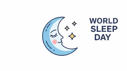 Cute crescent moon with closed eyes and stars celebrating World Sleep Day.