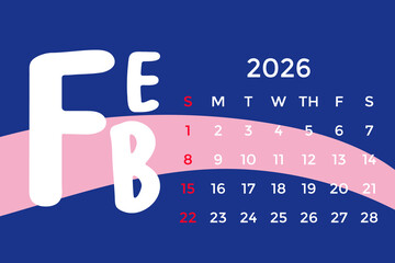 February 2026 calendar with blue and pink background