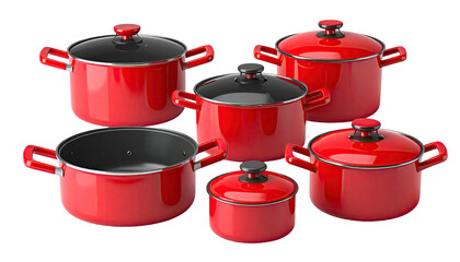 Assortment of vibrant red cookware with matching lids, presented on a black background