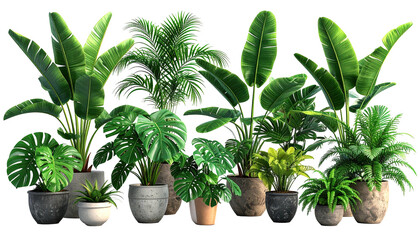 Assortment of vibrant potted tropical plants, varying sizes and types