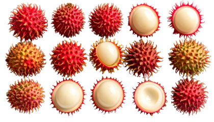 A vibrant arrangement showcases several exotic, spiky fruits. Some are whole, others cut to reveal juicy white flesh. Background is black