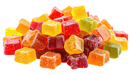Assortment of vibrant, translucent, cubed fruit candies piled atop each other