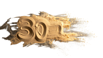 Beige powder forming '3DL' against black. Close-up view; artful texture. Isolated element