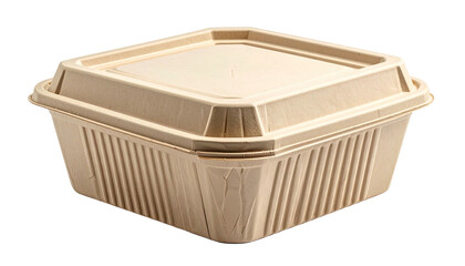 Beige, square, food container with a lid, possibly sustainable and used for takeout food packaging