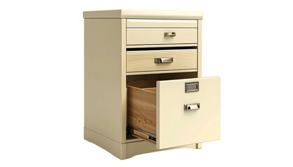 Beige, vertical filing cabinet with three drawers, one opened, on a black background