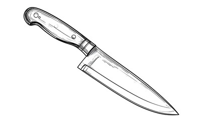 Black and white illustration of a chef's knife, handle and blade sharp against a black background