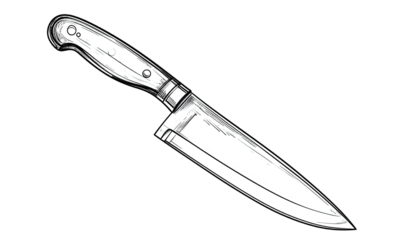 Black and white illustration of a chef's knife, handle and blade sharp against a black background