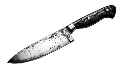Black and white image of a used, worn chef's knife, handle and blade on a black background