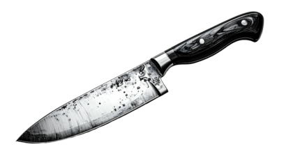 Black and white image of a used, worn chef's knife, handle and blade on a black background
