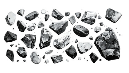 Black and white illustration of various, irregularly-shaped rocks scattered across a dark field