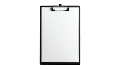 Black clipboard with white paper on dark background, studio shot, ready for writing