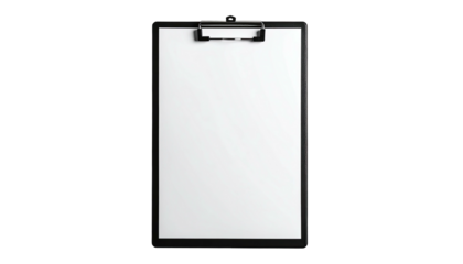 Black clipboard with white paper on dark background, studio shot, ready for writing