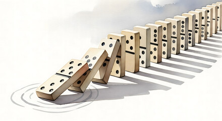 Row of falling wooden dominoes showing the domino effect