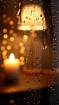 Vertical seamless loop of raindrops on window glass. Warm blurred interior with candle light and lamp bokeh. Perfect for cozy lo-fi backgrounds, meditation, and relaxation mobile content.
