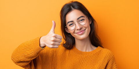 Smiling young woman in glasses and orange sweater showing a thumbs up gesture against a bright orange background.