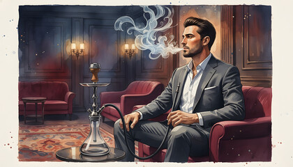 Sophisticated Gentleman Enjoying Hookah in a Private Lounge