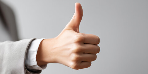 Close up of female hand showing a thumbs up gesture on a neutral gray background.