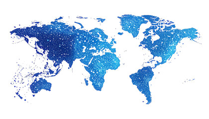 Blue, textured outline of a world map on a stark black background