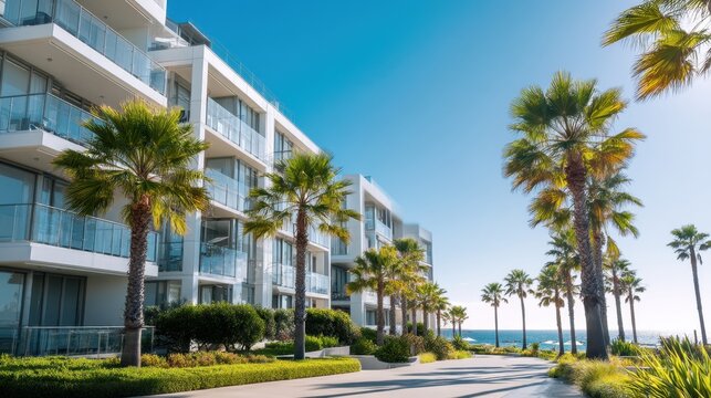 Modern resort hotel building exterior with palm tree. Sunny luxury apartment or condominium by ocean for summer travel and vacation.