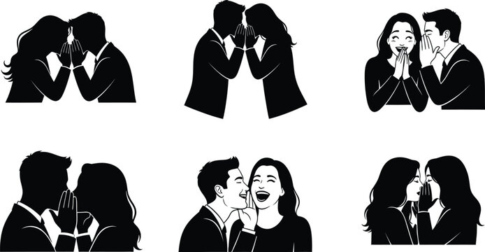 A collection of illustrations depicting people whispering secrets and sharing gossip