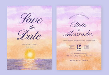 Wedding invitation set with watercolor sunset sky. Set of wedding invitation template with watercolor landscape.