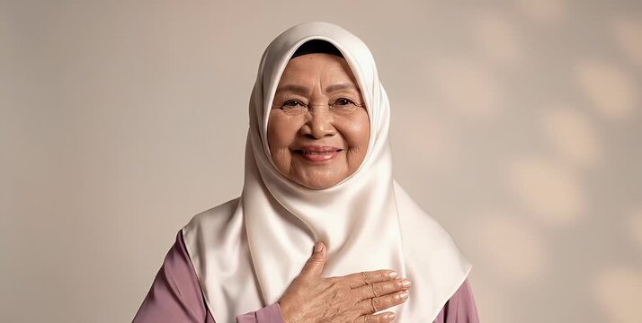 An elderly Asian woman in a white hijab and purple top, smiling warmly with her hand over her chest, expressing sincerity or gratitude.