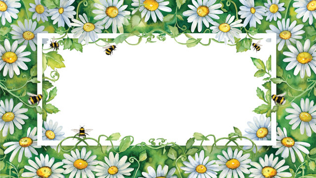 Colorful Watercolor Frame Featuring Spring Daisies and Cute Bumblebees on White Paper