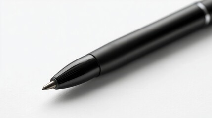 Black ballpoint pen closeup with its tip visible, resting on a white surface. Writing and stationery concept for office, education, or school supply.