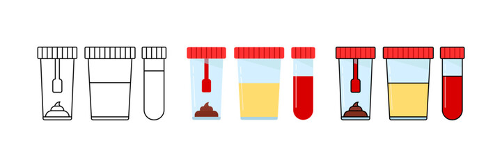 Set of icons of medical sample containers for urine, stool, and blood tests. Clean, modern design representing laboratory diagnostics and clinical testing. For healthcare, apps, diagnostics materials.